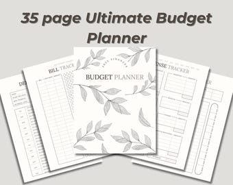 Puede incluir: Un planificador de presupuesto de 35 páginas con un diseño floral. La portada presenta el texto "2023 Financer Budget Planner". Las páginas incluyen secciones para el seguimiento de facturas, el seguimiento de gastos y el seguimiento de deudas.