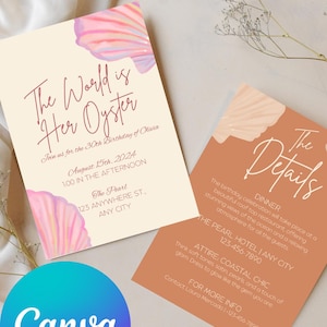 Invitación de cumpleaños con diseño de conchas marinas: temática de perlas, fiesta costera (descarga digital)