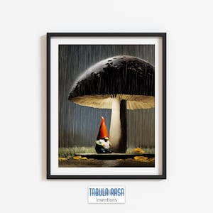 Gnome Under Mushroom Rain Art - Whimsical Fantasy Wall Print, Cozy Woodland Decor, Digital Fairy Tale Download