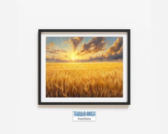 Lever du soleil sur le champ de blé - Art mural lumineux de ferme, paysage doré imprimable, décoration champêtre moderne à télécharger