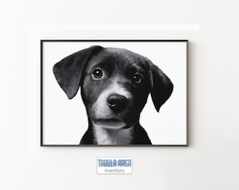 Puppy Wall Art Print - Cute Dog Poster, Black White Animal Art, Modern Nursery Digital Download