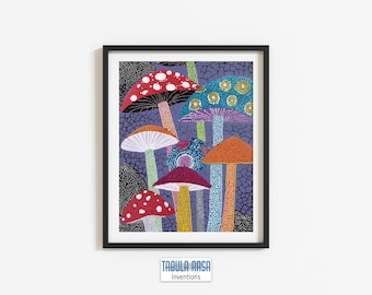 Psychedelic Mushroom Art Print - Trippy Colorful Wall Decor, Retro Bohemian Design, Digital Groovy Download