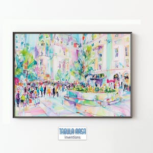Colorful Cityscape Art Print - Vibrant Urban Wall Decor, Whimsical Watercolor Street Scene, Printable Digital Download