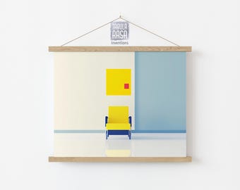 May include: A framed print featuring a minimalist interior design. The artwork showcases a yellow chair and a yellow square with a red square on a wall with a blue section. The print is suspended by a wooden bar and a string, with the text "TABULA RASA inventions" at the top.