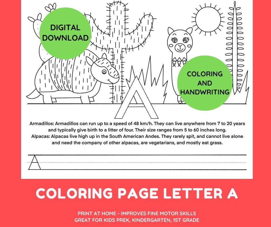 Armadillo Alpaca Animal Handwriting Coloring Page, A Letters Coloring Pages, Kids Educational Activity, Digital Download, Cactus Coloring