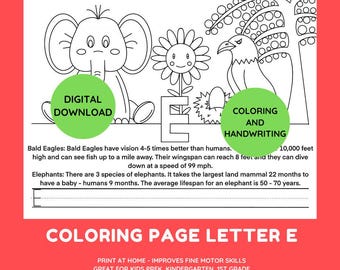 Educational Coloring Pages, Elephant and Eagle Coloring Page, Alphabet Letters Learning Activity Pages, Digital Floral Coloring