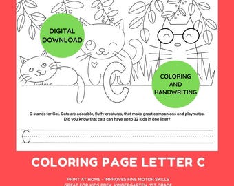 Cat Coloring Page, C Letter Alphabet Coloring Page, Educational Coloring Sheets, Kids Homeschool Activity, Instant Download