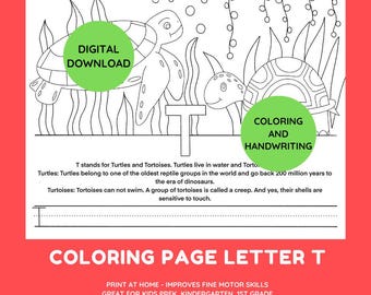 Turtle Coloring Pages, Tortoise T Letter Alphabet Coloring Page, Educational Coloring Page, Kids Homeschool Activity, Digital Download