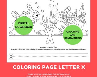 X-Ray Fish Coloring Page, X Letter Alphabet Coloring Page, Digital Kids School Activity, Stress Relief Fun Activity,  Instant Download, Fish