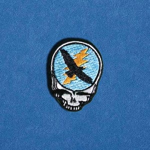 May include: Embroidered patch featuring a skull with a lightning bolt and bird design. The patch has a black border, a light blue background, and a black bird with a yellow lightning bolt. The patch is on a blue background.