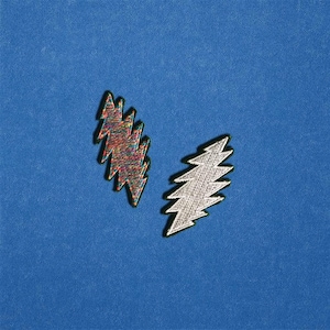 May include: Two embroidered lightning bolt patches. One patch has a multicolored design, and the other is white with a silver outline. Both patches have a green border and are set against a blue background.