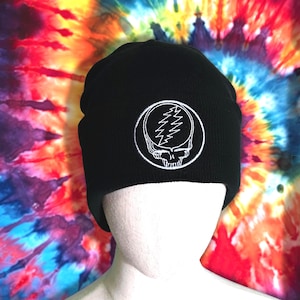 Grateful Dead Steal Your Face Embroidered Beanie Hat | SYF Warm Winter Hat | Deadhead Stealie Knit Cap in 6 Colors