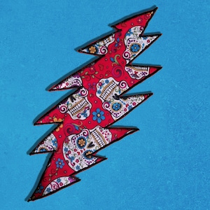 Grateful Dead Lightning Bolt Sugar Skull Patch | Large Handmade 11” Sew-On or Iron-On Applique | Jacket or Backpack Accessory