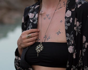 The Witching Hour: Brass Mandala Pendant with Labradorite, Black Onyx and Moonstone