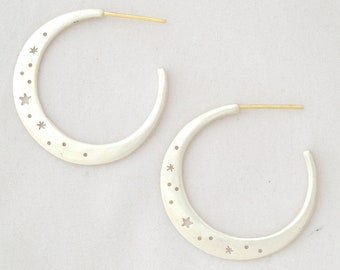 Moon and Stars Hoops: Sterling Silver and Solid 18k Gold