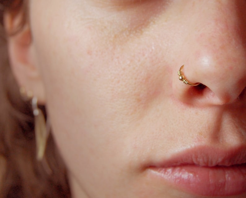 18k Solid Gold Nose Ring Small Embellished Hoop image 1