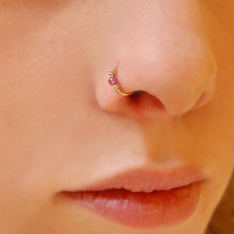 14k Solid Gold Nose Ring Small Gemstone Embellished Hoop Etsy