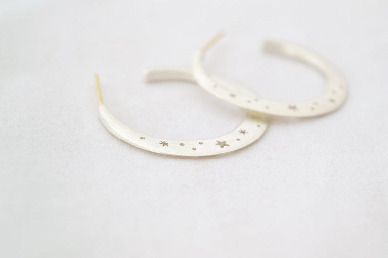 Moon and Stars Hoops: Sterling Silver and Solid 18k Gold image 2