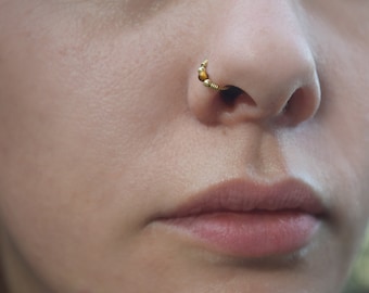 Golden Trio - 18k Solid Gold Nose Ring, Small Gemstone Embellished Hoop