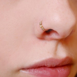 14k Solid Gold Nose Ring Small Embellished Hoop image 2