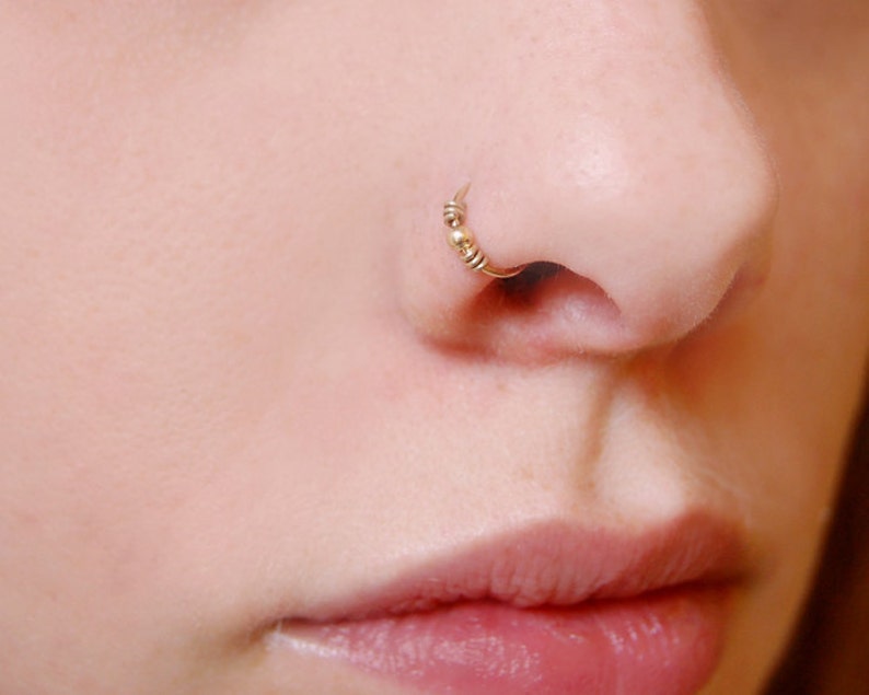 14k Solid Gold Nose Ring Small Embellished Hoop image 2