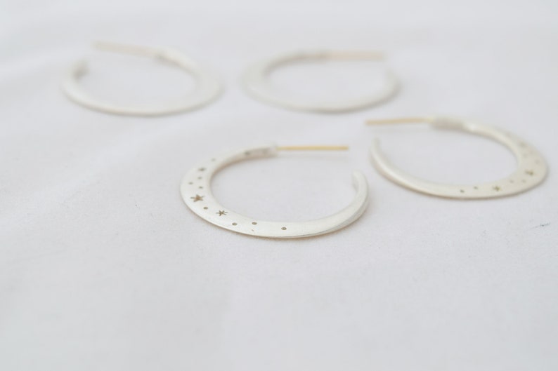 Moon and Stars Hoops: Sterling Silver and Solid 18k Gold image 3
