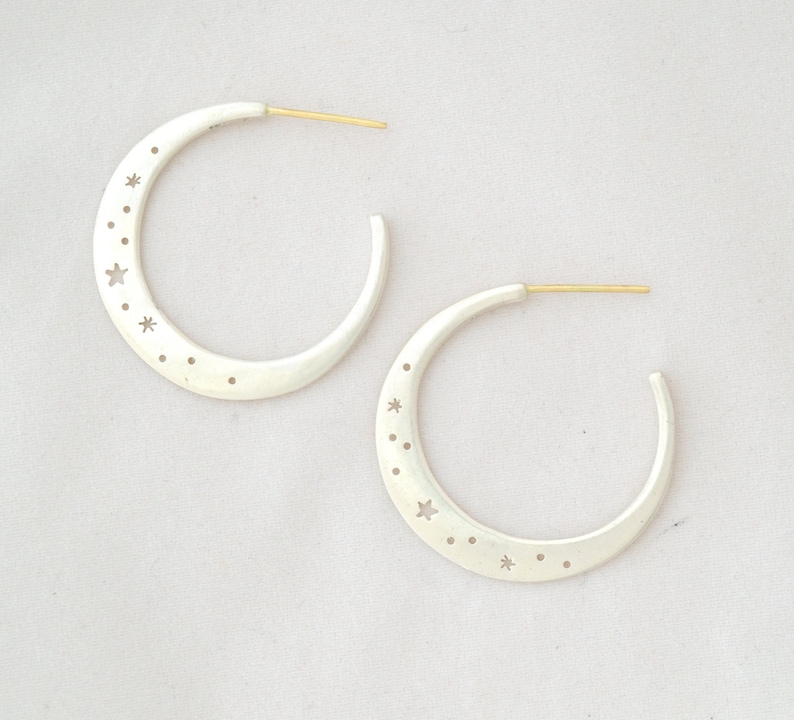 Moon and Stars Hoops: Sterling Silver and Solid 18k Gold image 1