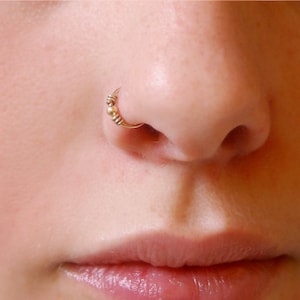 14k Solid Gold Nose Ring Small Embellished Hoop image 1