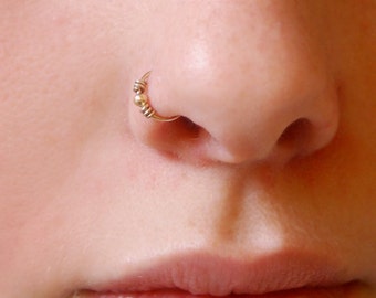 14k Solid Gold Nose Ring - Small Embellished Hoop