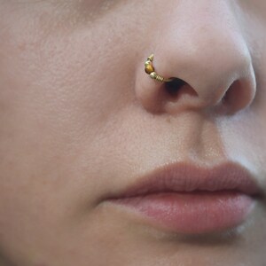 Golden Trio 14k Solid Gold Nose Ring, Small Gemstone Embellished Hoop image 2