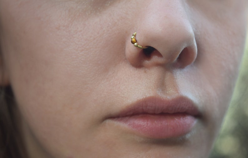 Golden Trio 14k Solid Gold Nose Ring, Small Gemstone Embellished Hoop image 2