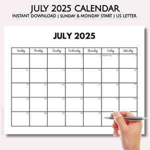 JULI 2025 Kalenderblatt mit Feiertagen, Juli Kalender Digital, Juli Planer Printable, Sonntag & Montag Start, US Letter, PDF