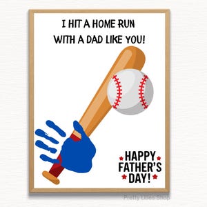 Tarjeta imprimible para el Día del Padre, manualidad de béisbol con huella de mano, tarjeta para papá con huella de mano, manualidad preescolar con huella de mano, manualidad del Día del Padre con huella de mano