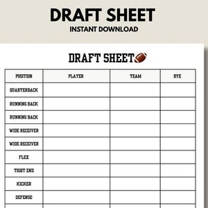 2025 FOOTBALL Draft Sheet Template, Printable, PDF, Digital Template, iPad Template, Draft Picks, Fantasy Planner, A4 A5