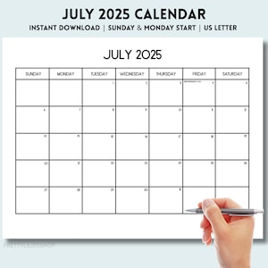 JULI 2025 Kalenderblatt mit Feiertagen, Juli Kalender Digital, Juli Planer Printable, Sonntag & Montag Start, US Letter, PDF