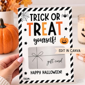 May include: A rectangular Halloween gift card holder featuring a black and white diagonal striped border. The text reads TRICK OR TREAT yourself! and HAPPY HALLOWEEN! with a spider web, spider, and pumpkin graphic. Includes a gift card slot.
