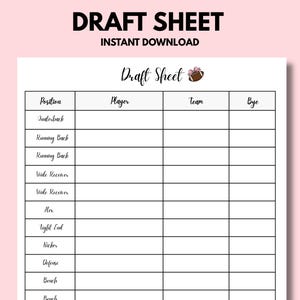 2025 Football DRAFT Sheet Template, Printable, Digital Template, PDF, Draft Picks, iPad Template, Fantasy Planner, A4 A5