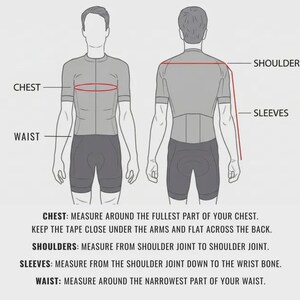 May include: Diagram illustrating how to measure for clothing. The image shows front and back views of a person with labeled areas for chest, waist, shoulders, and sleeves. Instructions are provided for each measurement, emphasizing accurate tape placement.