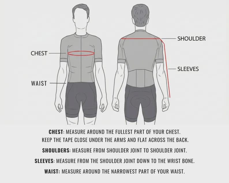May include: Diagram illustrating how to measure for clothing. The image shows front and back views of a person with labeled areas for chest, waist, shoulders, and sleeves. Instructions are provided for each measurement, emphasizing accurate tape placement.