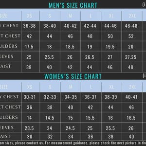 May include: A size chart for men's and women's clothing, with measurements in inches. The chart includes sizes XS to 3XL, detailing body chest, jacket chest, shoulders, sleeves, and waist measurements. Text at the bottom encourages contacting for custom sizes.