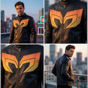 Puede incluir: Chaqueta de cuero negra con un llamativo diseño gráfico naranja y amarillo en el pecho. La chaqueta tiene cierre de cremallera y cuello alzado. El diseño es una M estilizada.