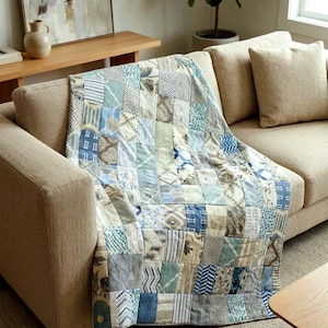 Patchwork Linen Throw, Embroidered, Blue Grey Bed Cover, Sofa Throw (76x60 inch) Decorative Throw. 100% Linen, Cotton. Soft Cozy textile