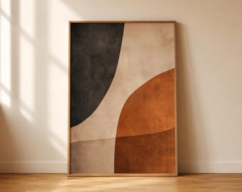Arte mural abstracto en tonos tierra, póster moderno japonés imprimible, decoración digital minimalista neutra.