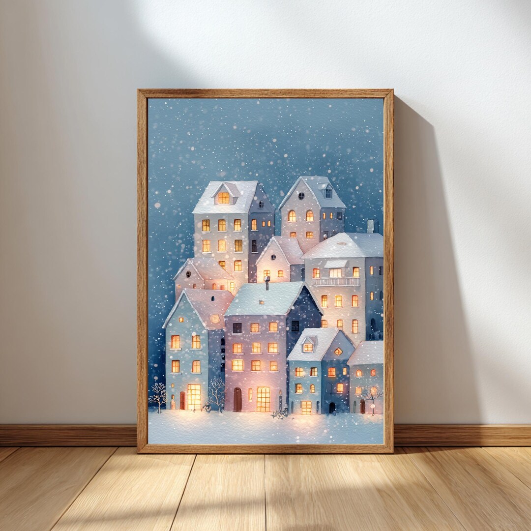Nordic Christmas Village Print: Snowy Winter Town Wall Art (digital ...