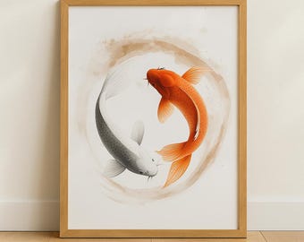 Lámina minimalista de pez koi: Decoración oriental para el hogar (descarga digital)