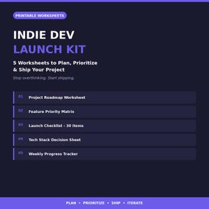May include: A dark blue digital graphic titled Indie Dev Launch Kit, featuring 5 printable worksheets: Project Roadmap, Feature Priority Matrix, Launch Checklist with 30 items, Tech Stack Decision Sheet, and Weekly Progress Tracker for projects.
