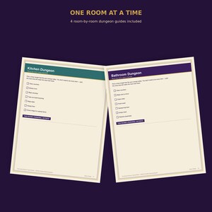 Peut inclure: Un document de deux pages intitulé ONE ROOM AT A TIME avec 4 guides de donjon pièce par pièce inclus. Les pages présentent des listes de contrôle pour un Kitchen Dungeon et un Bathroom Dungeon, avec des cases à cocher et une section hotspot.