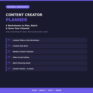 Content Creator Planner | 6 Printable Worksheets Content Calendar Video Script Growth Tracker | Digital Planner for TikTok Instagram Creator