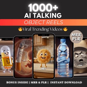 May include: Promotional image with the text "1000+ AI Talking Object Reels" and "Viral Trending Videos." The image features animated objects on smartphone screens, including a pill, cigarette, pancake, water bottle, and plate.