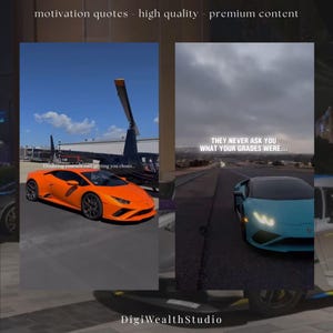 May include: Two images side-by-side. The left image shows an orange sports car parked near a helicopter. Text reads, "Doubting yourself isn't getting you closer...". The right image shows a teal sports car on a road. Text reads, "THEY NEVER ASK YOU WHAT YOUR GRADES WERE..."